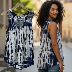 Knox Rose Tie-Dye Blue & White Sleeveless Top Key Hole Back Size Med Loose Fit